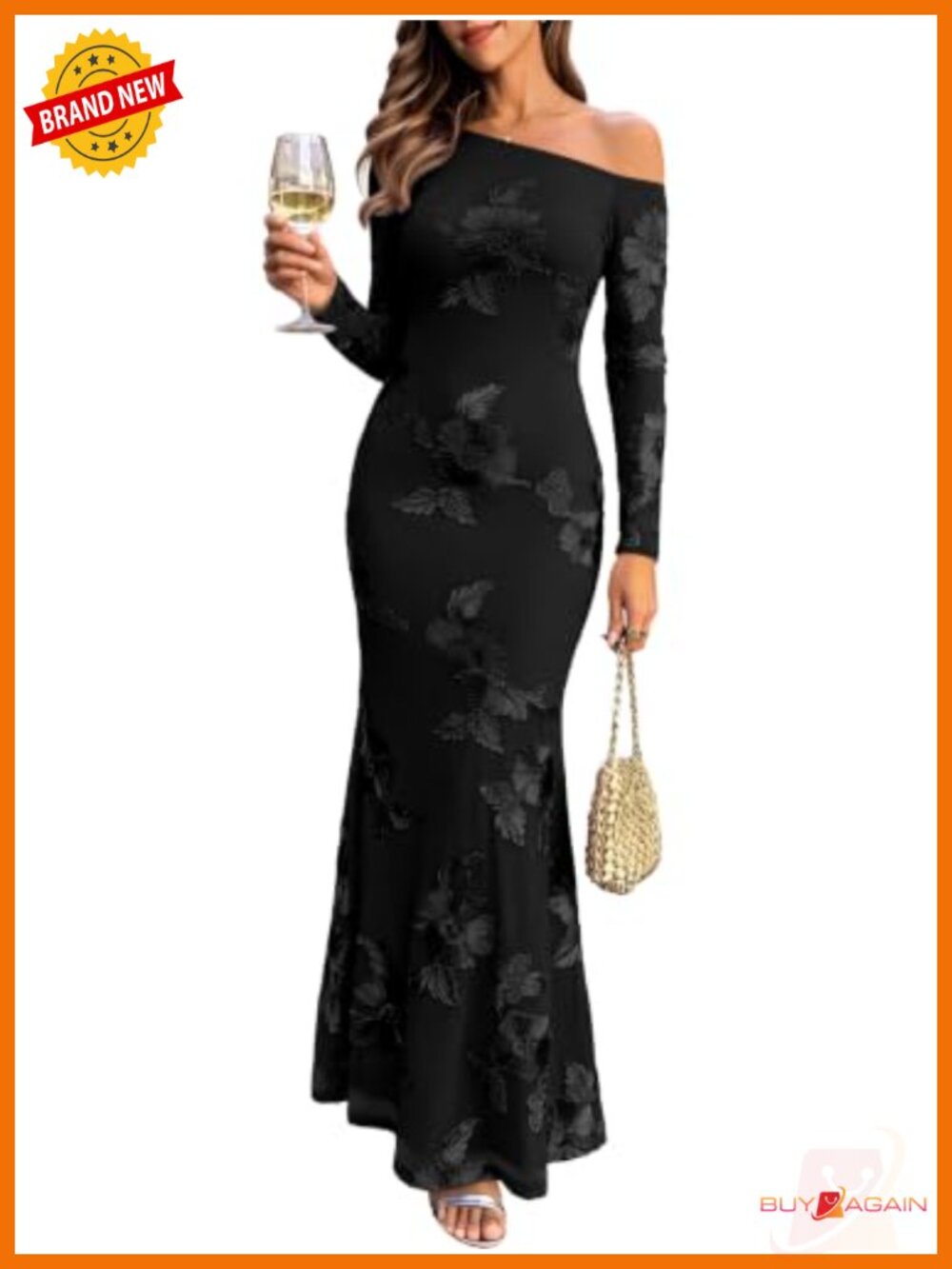 Caracilia One Shoulder Long Sleeve Floral Bodycon Maxi Dress Wedding Guest